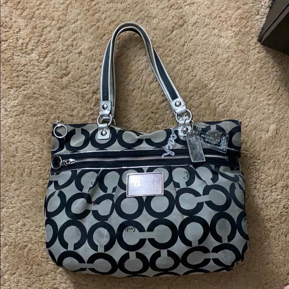Large black coach poppy canvas tote